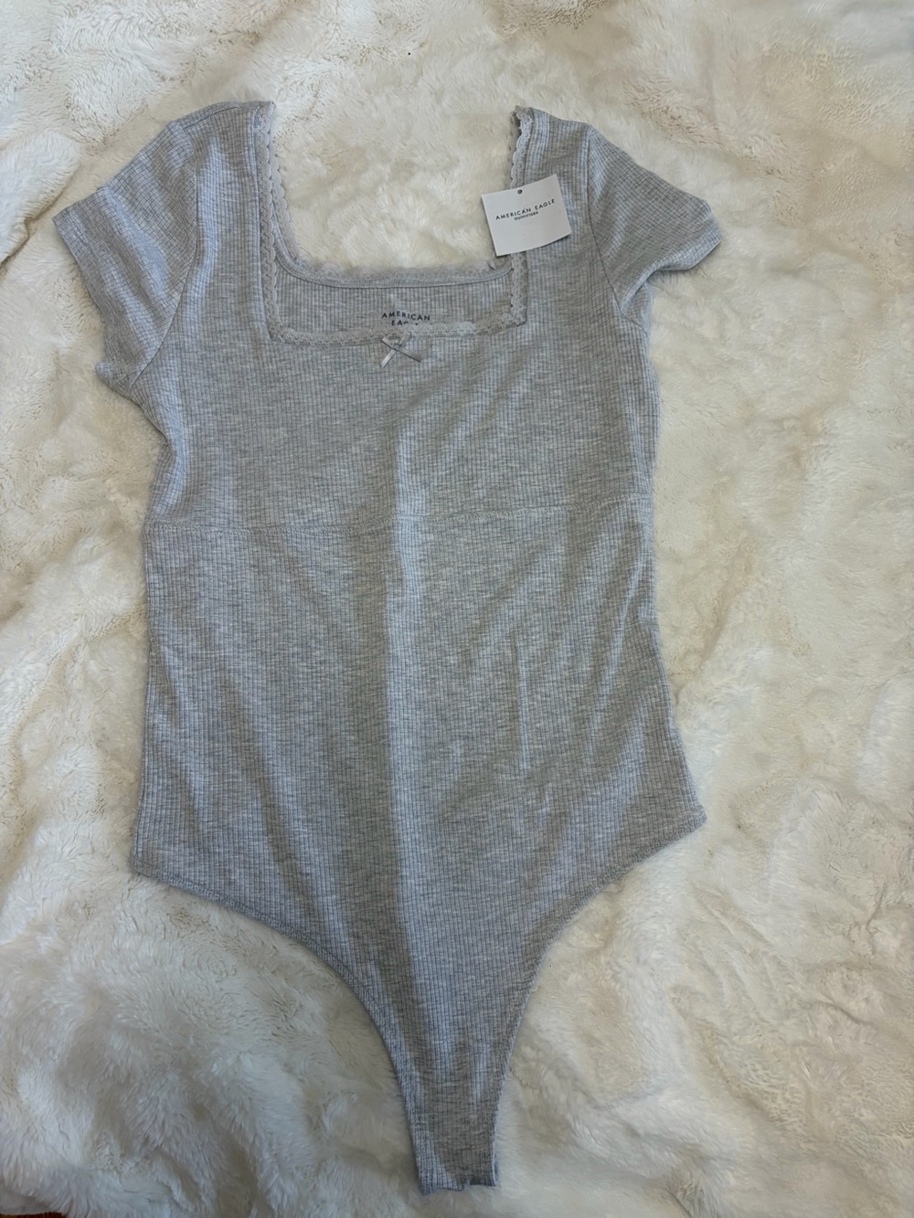 American Eagle Outfitters Light Gray Ribbed Square-Neck Bodysuit